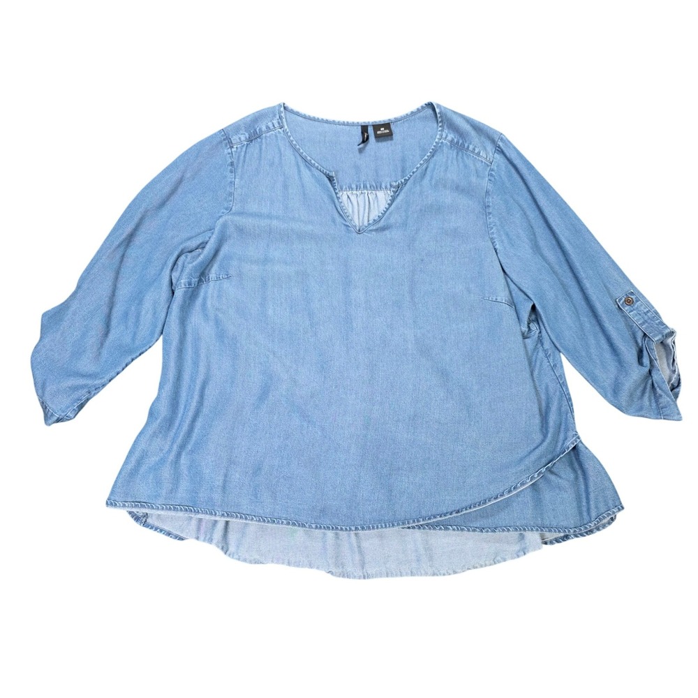 New Directions Curvy Chambray Blouse Women's 2X Blue Tencel  Roll Tab Sleevele